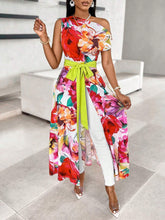 Lady Floral Print Asymmetric Neckline Blouse With Split Hem And Tie-Front (Random Floral Print)